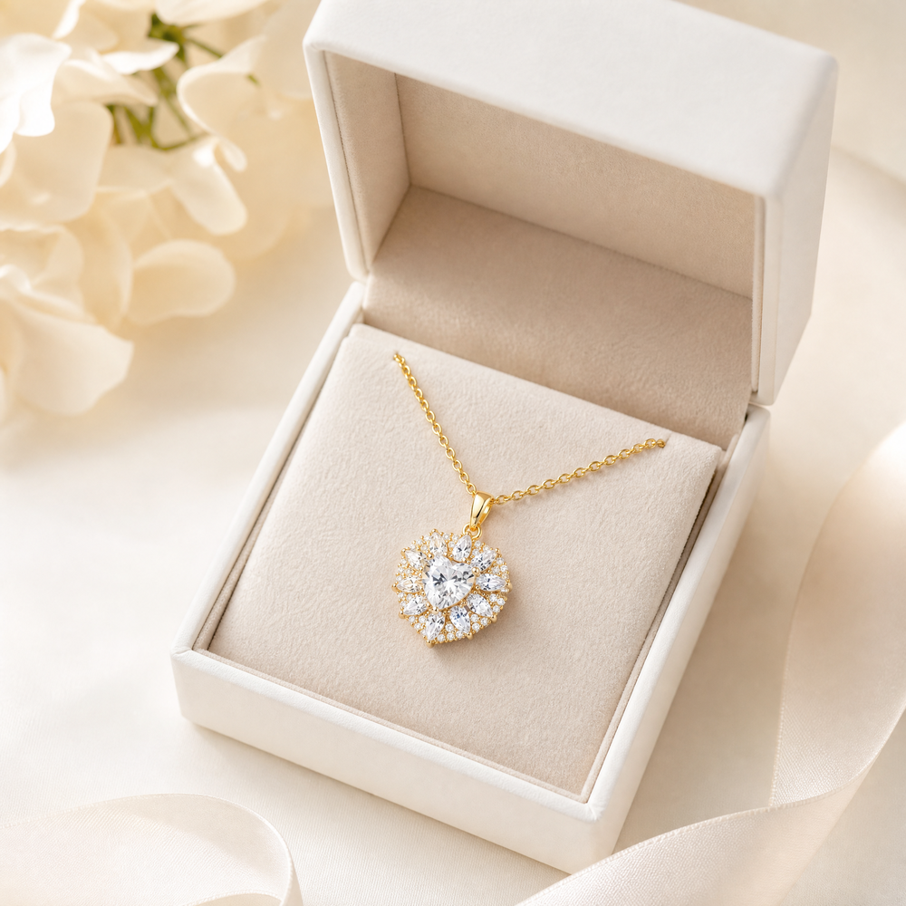 14K Gold Heart Halo Pendant Necklace-Gift for Her