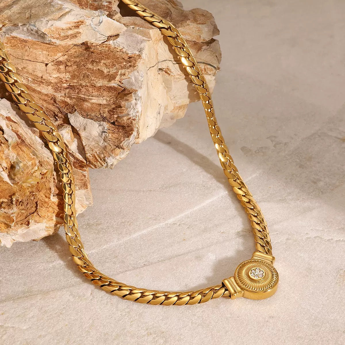 14K Gold Snake Chain with Round Pendant