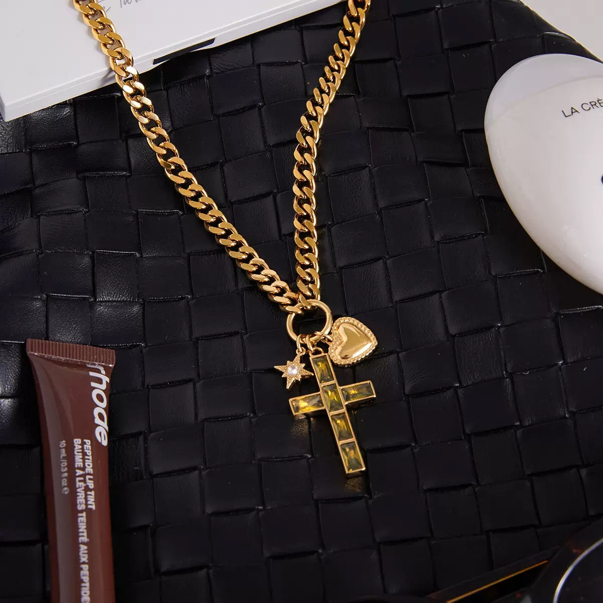 14K Gold Cross Pendant Curb Chain Necklace