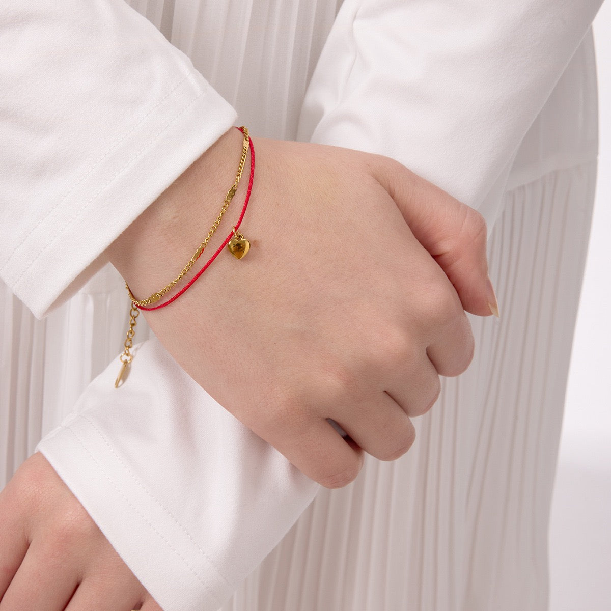 14K Gold Heart Pendant Red Cord Double-Layer Bracelet