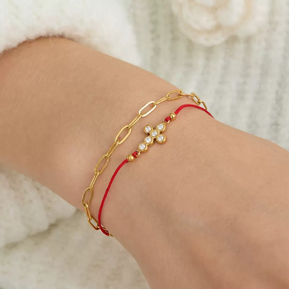14K Gold Cross & Red Cord Layered Bracelet