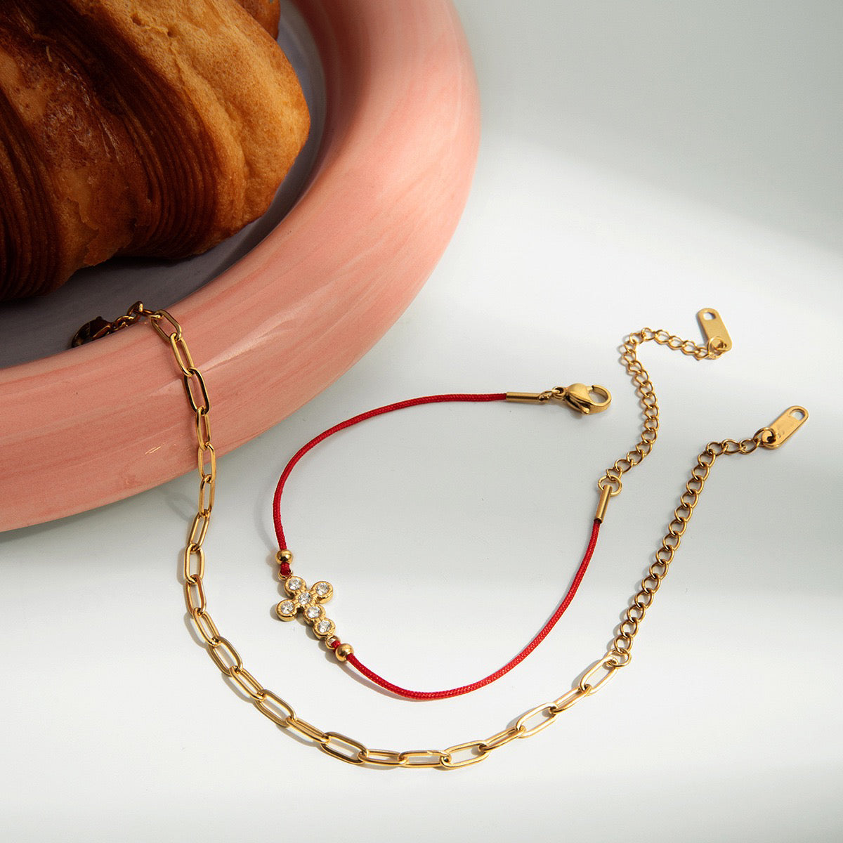 14K Gold Cross & Red Cord Layered Bracelet