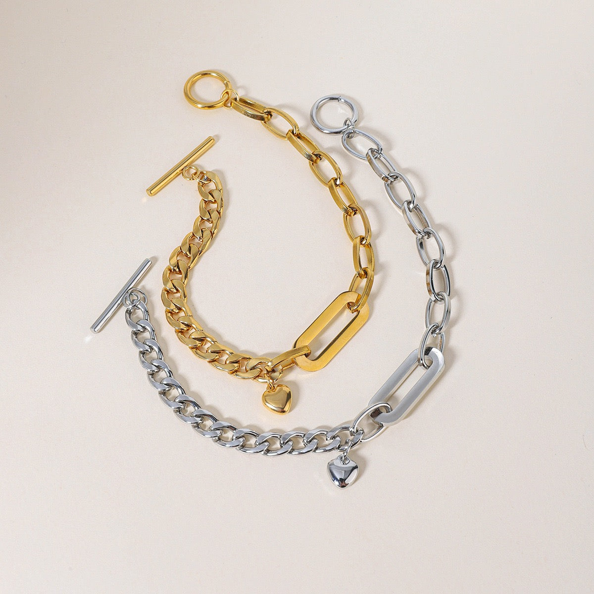 14K Gold Cuban × Oval Link Heart Pendant Bracelet