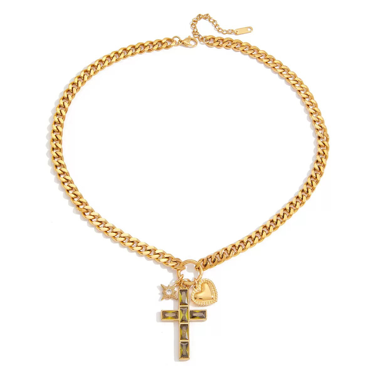14K Gold Cross Pendant Curb Chain Necklace