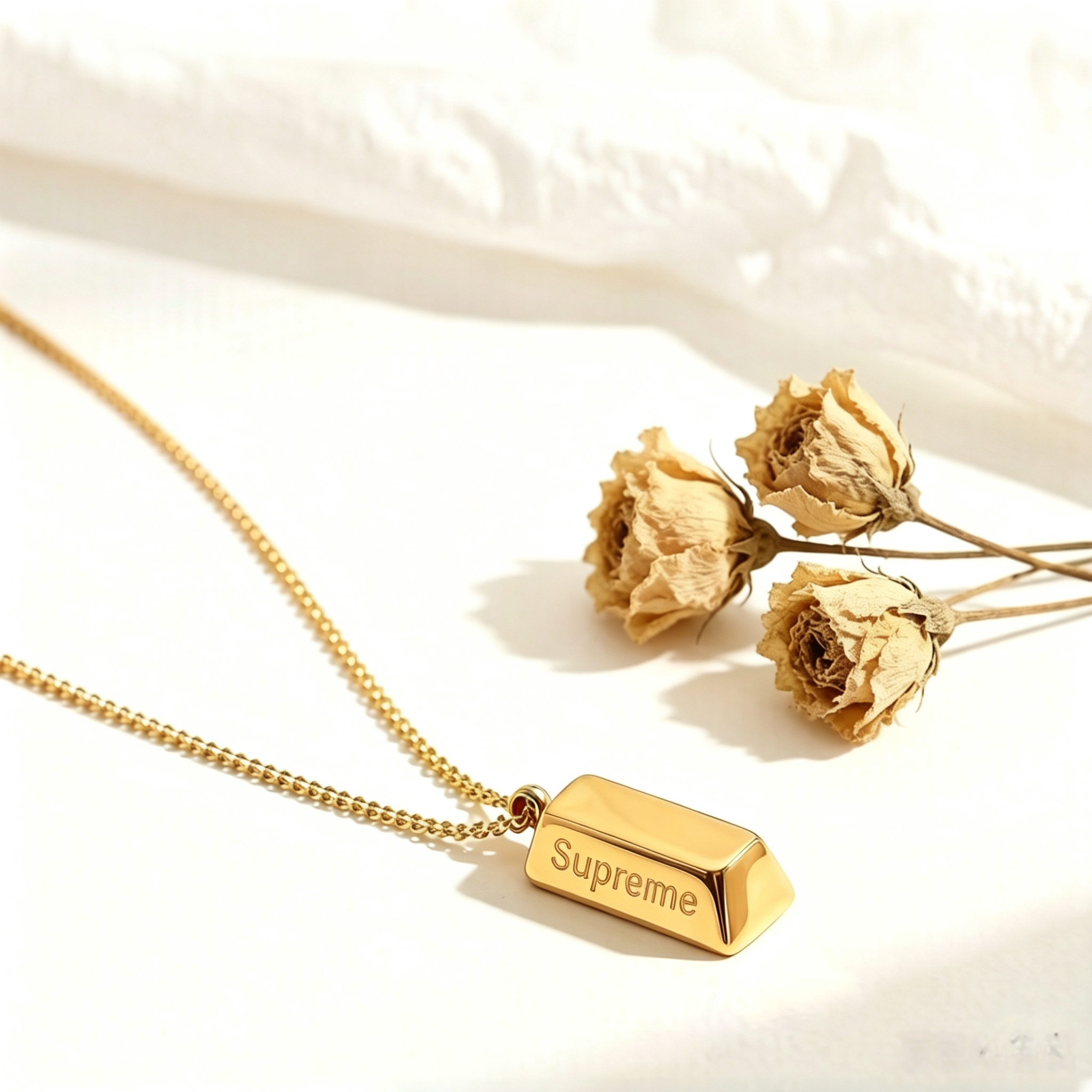 14K Gold Ingot Pendant Necklace-Minimalist Gold Chain Jewelry
