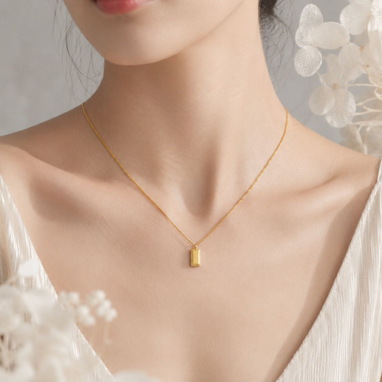 14K Gold Ingot Pendant Necklace-Minimalist Gold Chain Jewelry