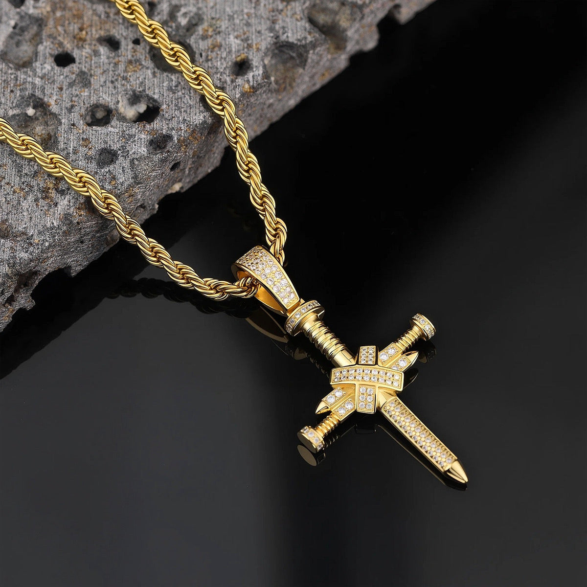 14K Gold Iced Nail Cross Pendant