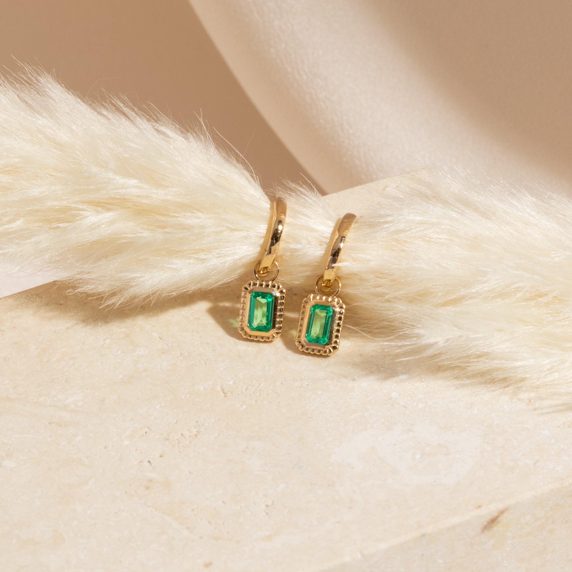 Ribbed Emerald Hoop Earrings