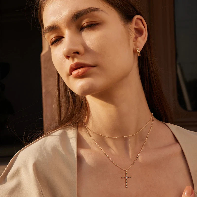 14K Gold Rope Cross Pendant Necklace