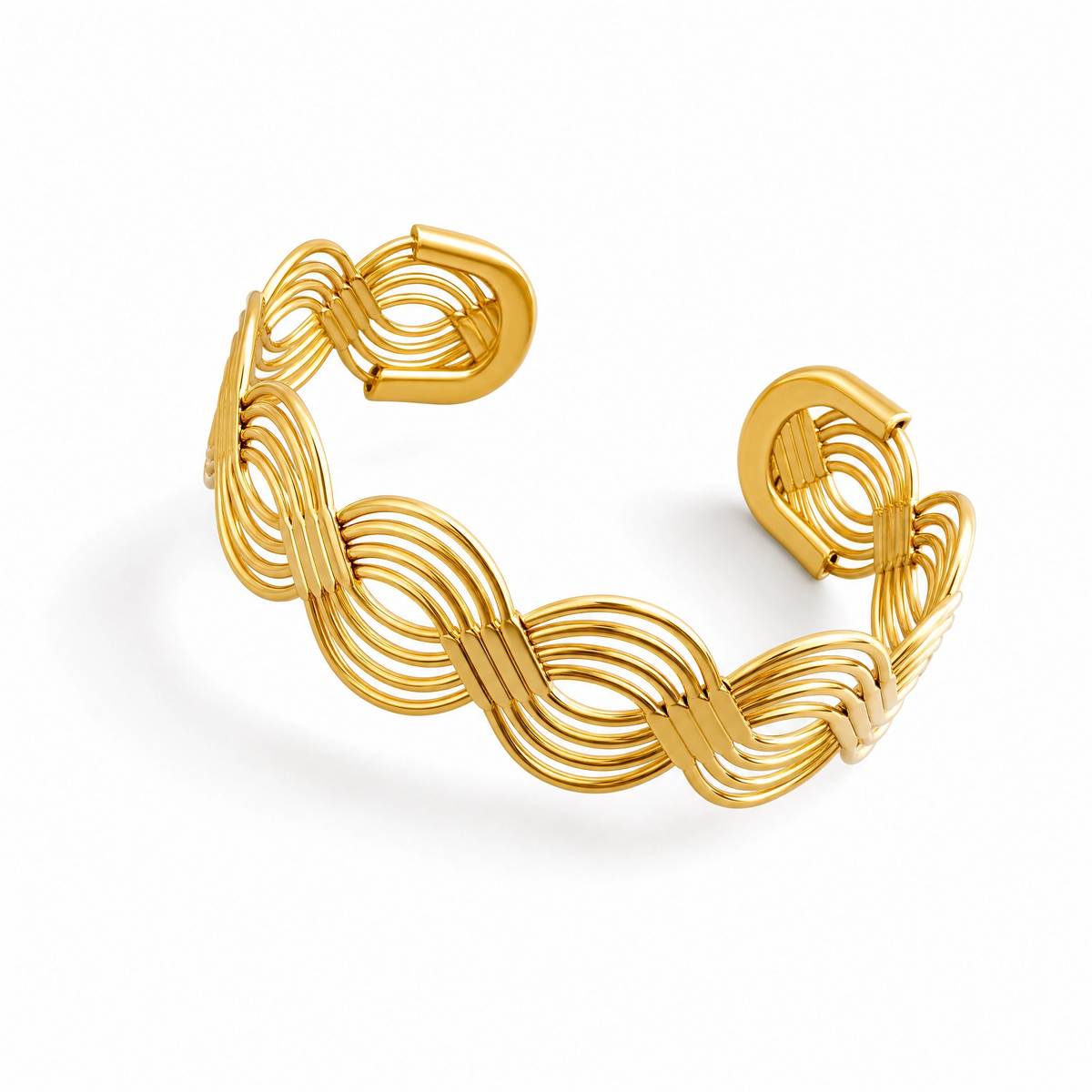 14K Gold Wave Cuff Bracelet — Sculptural Open Bangle Bracelet