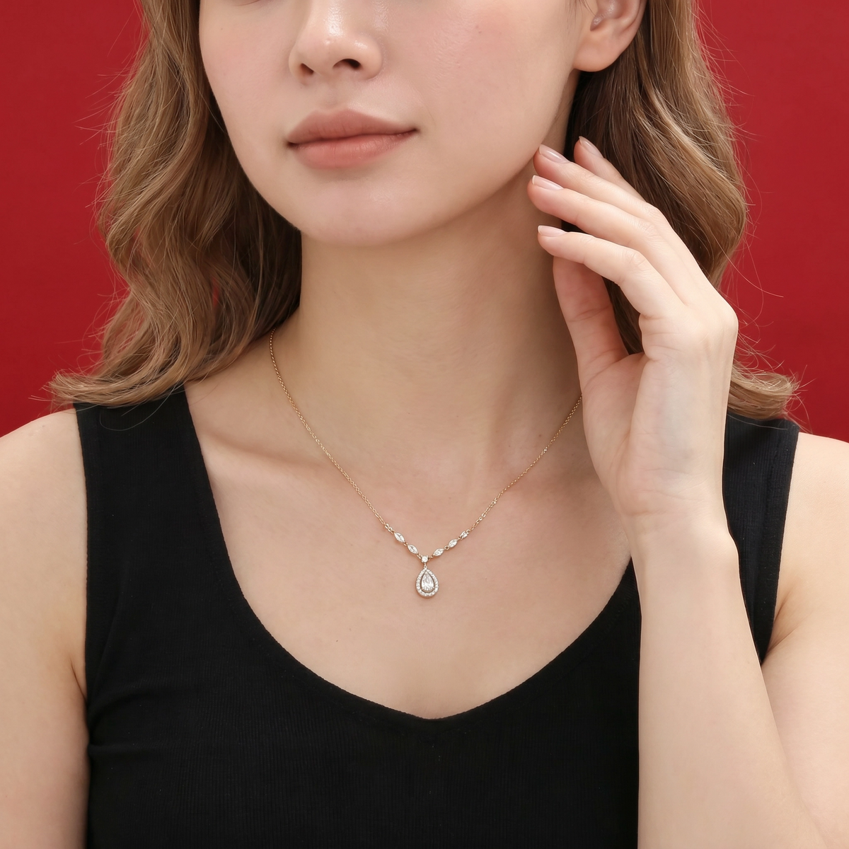 14K Gold Teardrop Halo Pendant Necklace