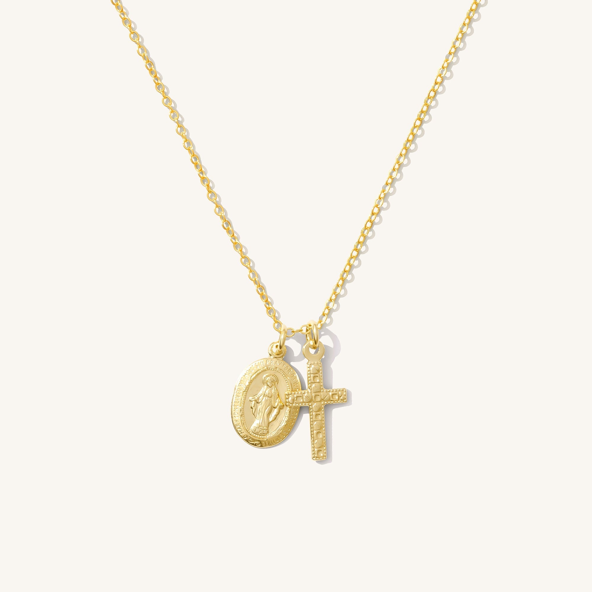Tiny Virgin Mary & Cross Necklace