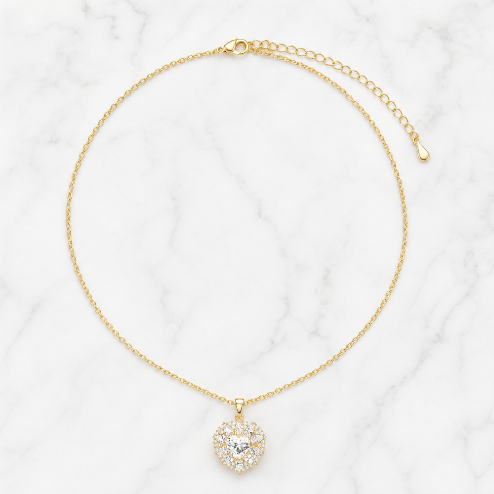 14K Gold Heart Halo Pendant Necklace-Gift for Her