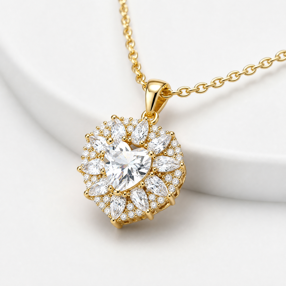 14K Gold Heart Halo Pendant Necklace-Gift for Her