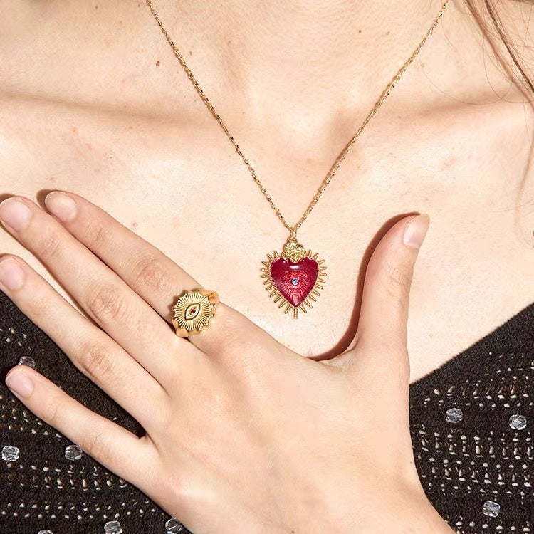 14K Gold Red Enamel Sacred Heart Necklace — Vintage Inspired Statement Pendant