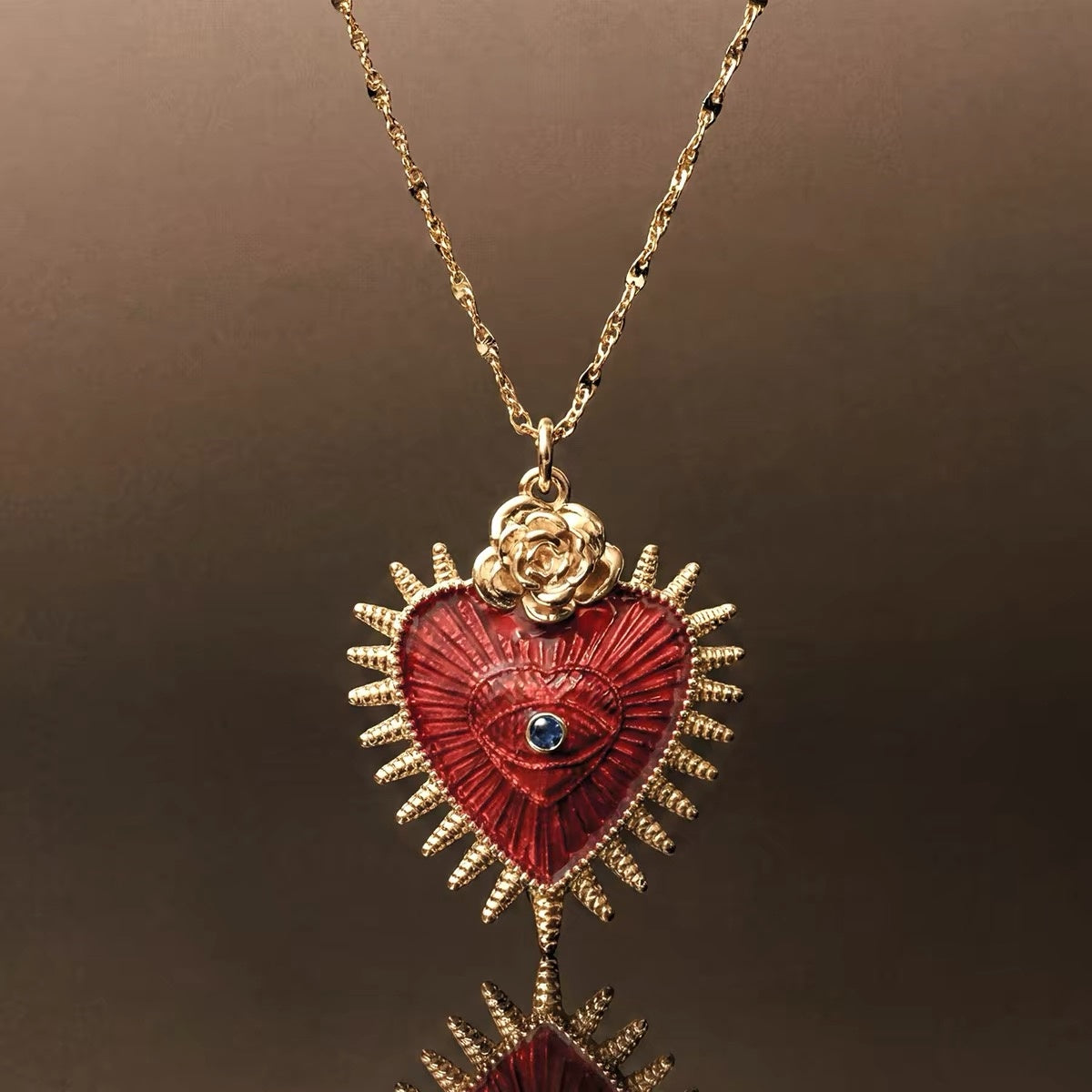14K Gold Red Enamel Sacred Heart Necklace — Vintage Inspired Statement Pendant