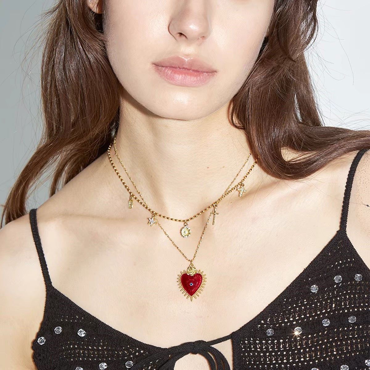 14K Gold Red Enamel Sacred Heart Necklace — Vintage Inspired Statement Pendant