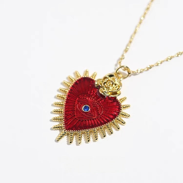 14K Gold Red Enamel Sacred Heart Necklace — Vintage Inspired Statement Pendant