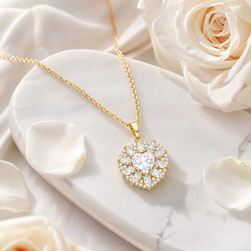 14K Gold Heart Halo Pendant Necklace-Gift for Her