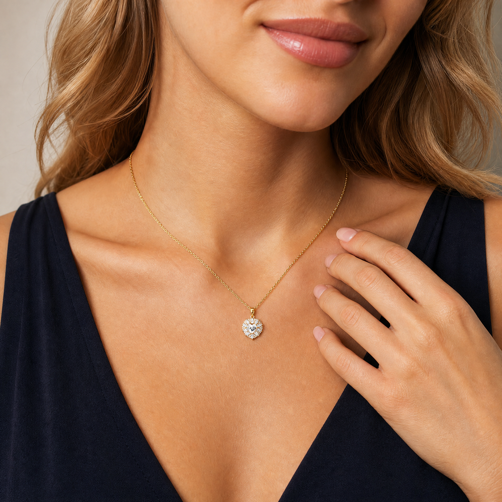 14K Gold Heart Halo Pendant Necklace-Gift for Her
