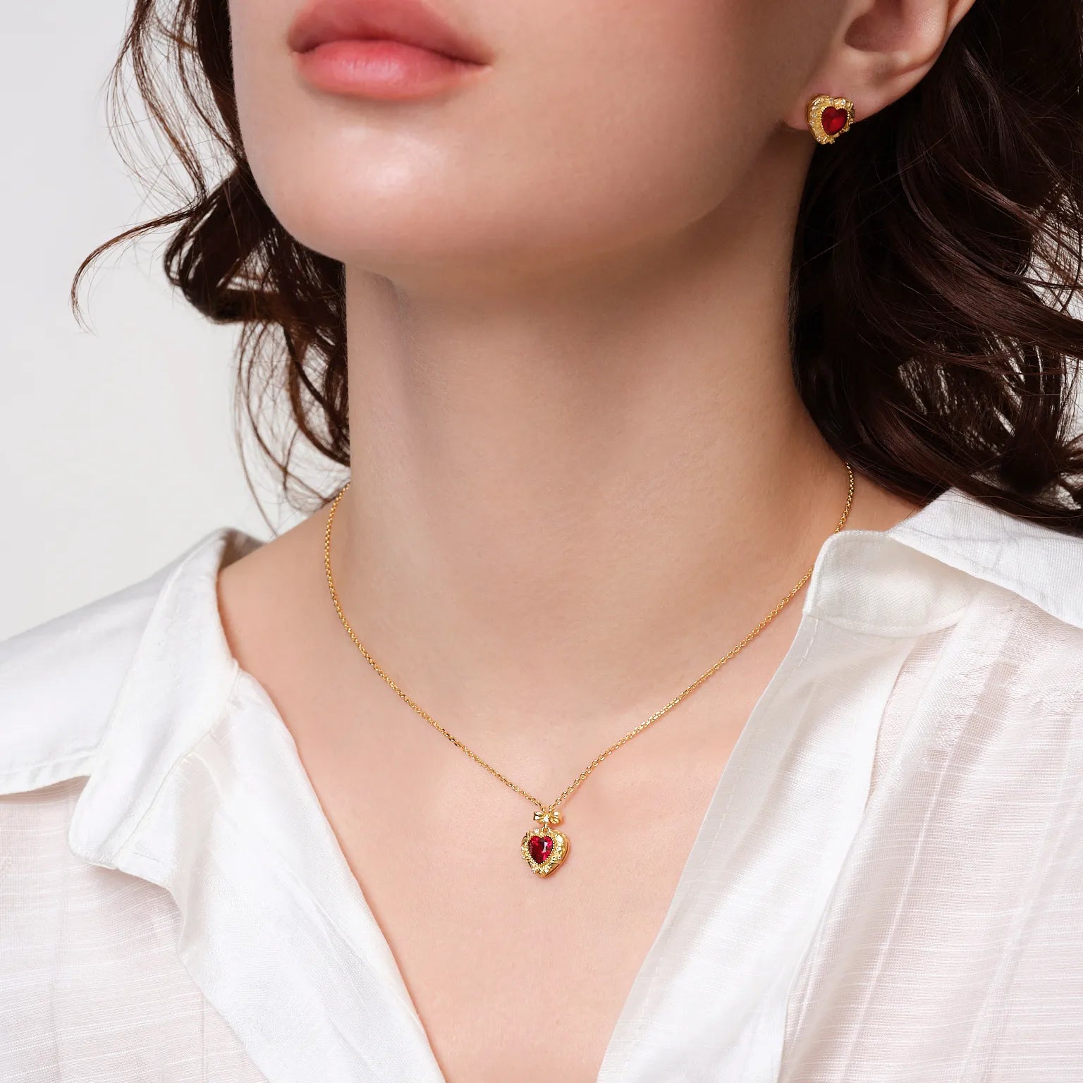 Vintage Ruby Heart Bow Necklace