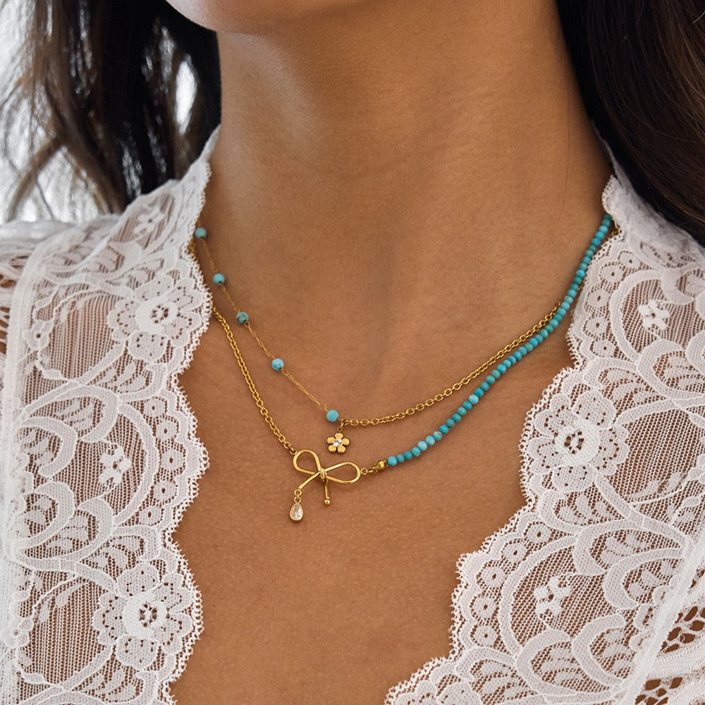 14K Gold Turquoise Bow Layered Necklace