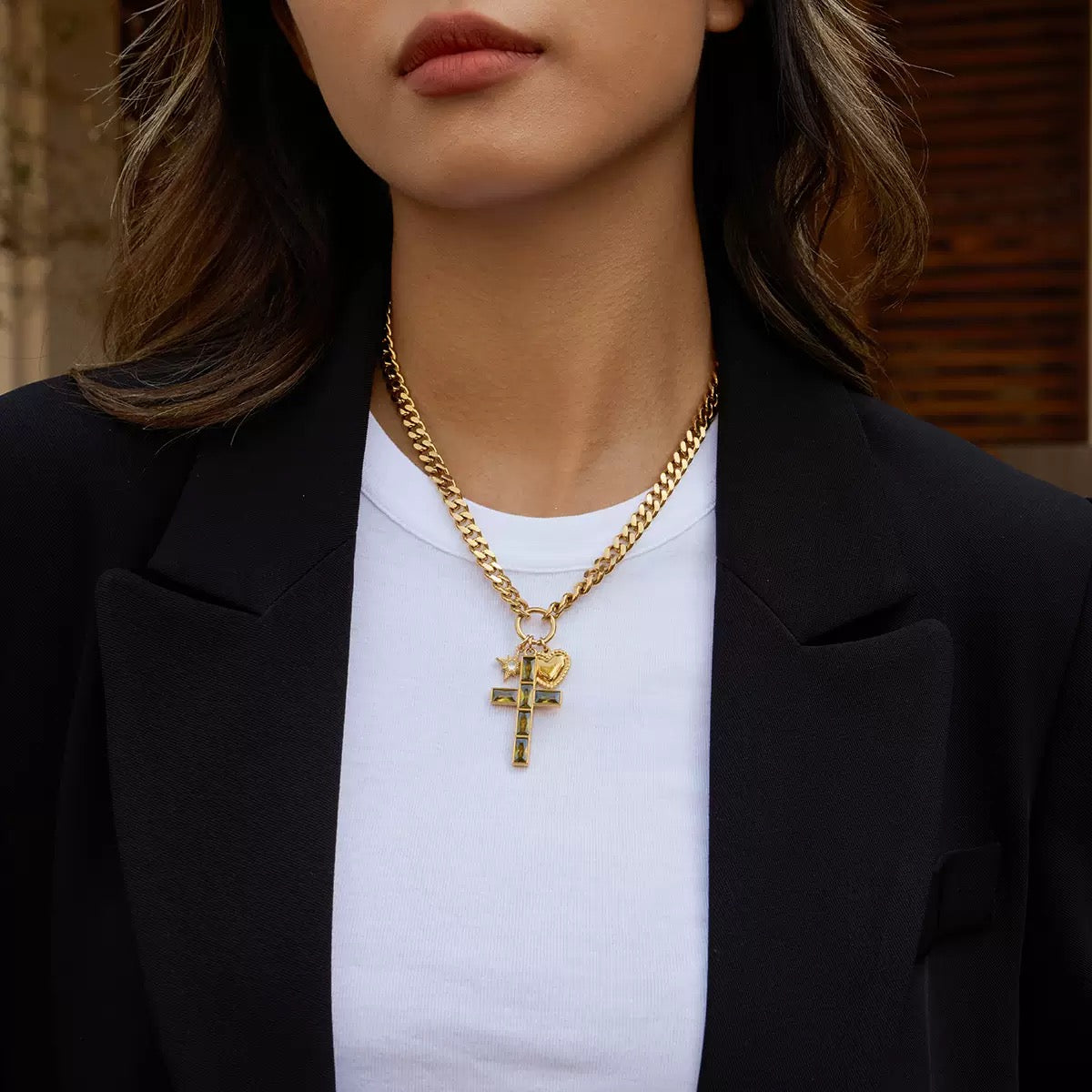 14K Gold Cross Pendant Curb Chain Necklace