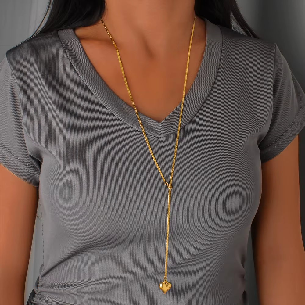 14K Gold Heart Pendant Sweater Necklace
