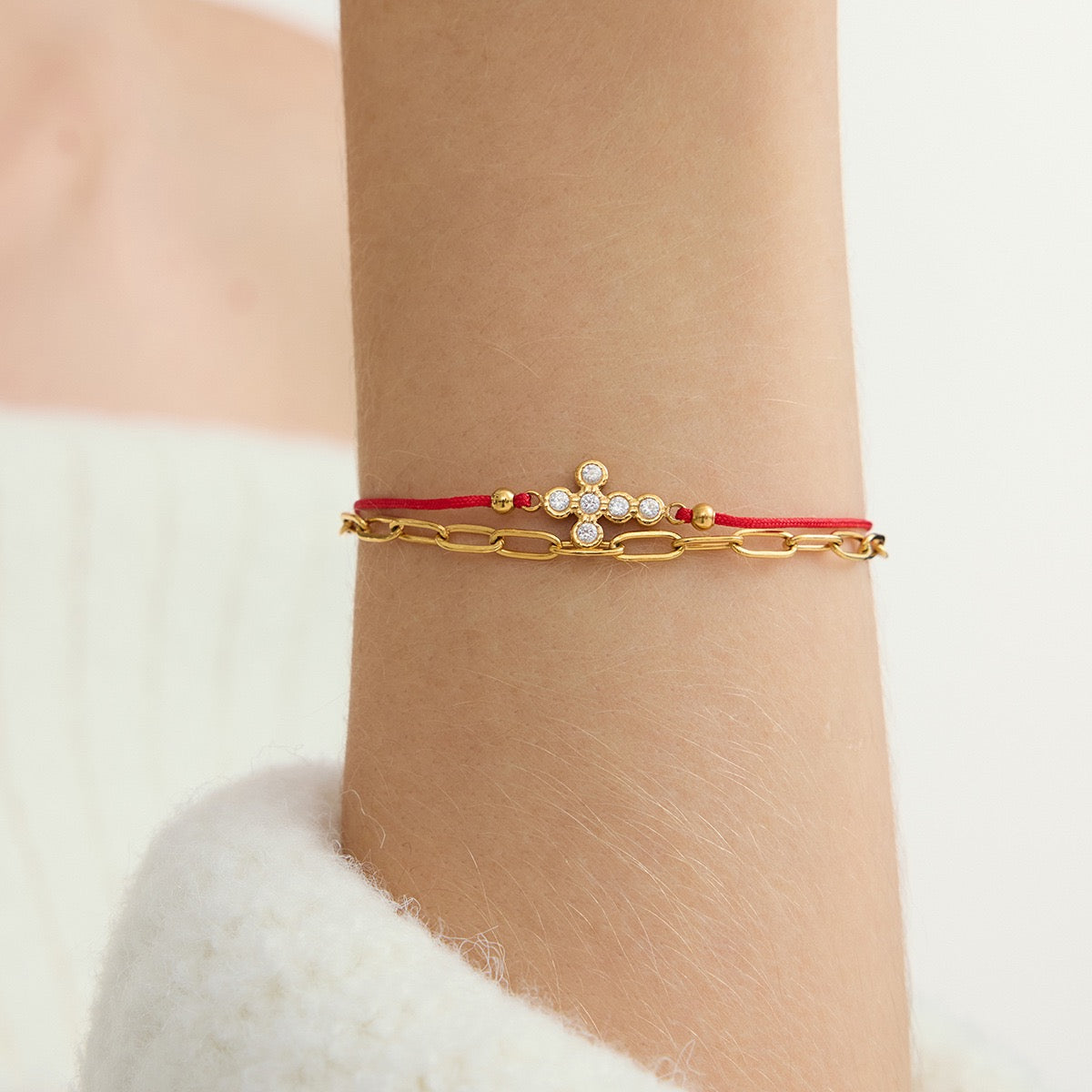 14K Gold Cross & Red Cord Layered Bracelet