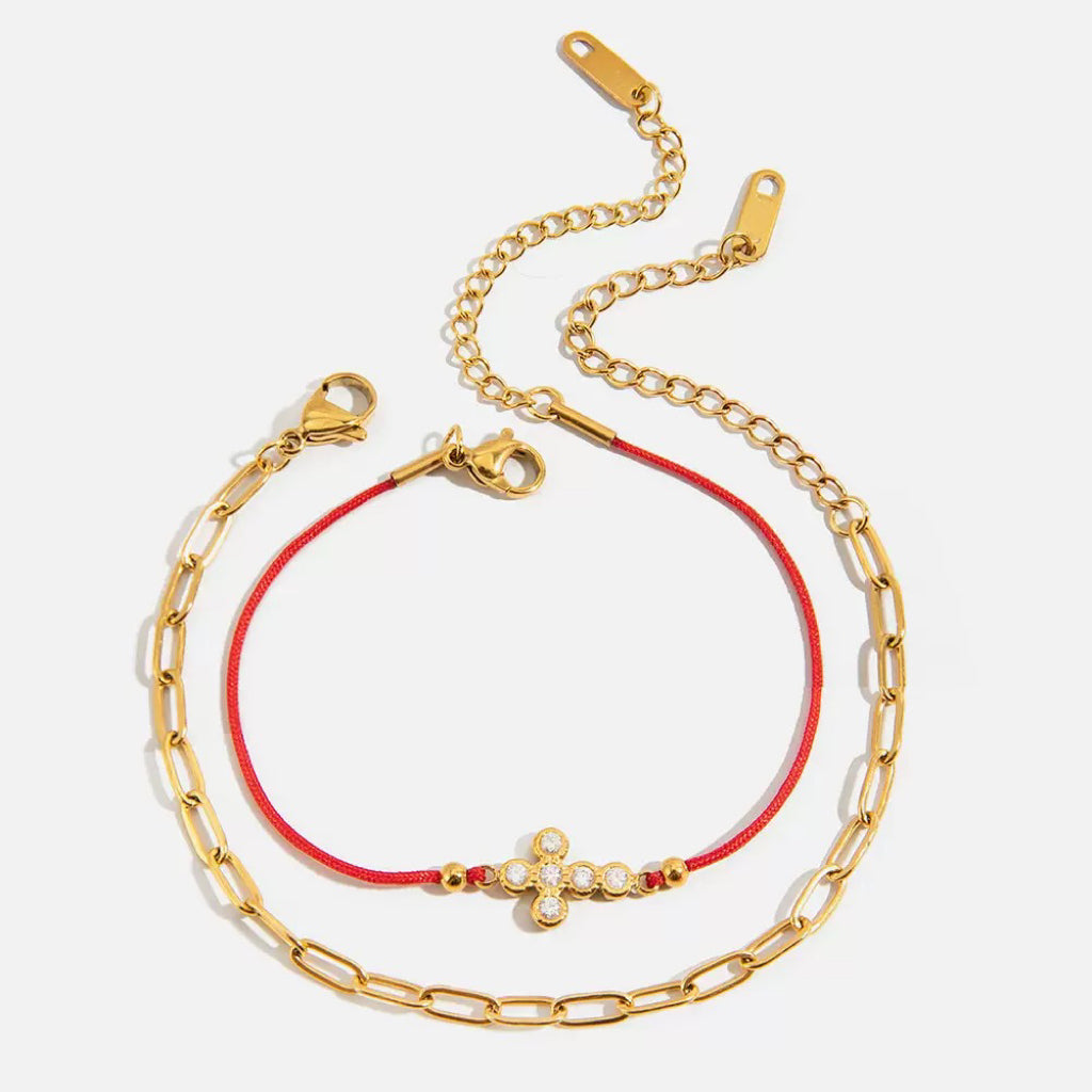 14K Gold Cross & Red Cord Layered Bracelet