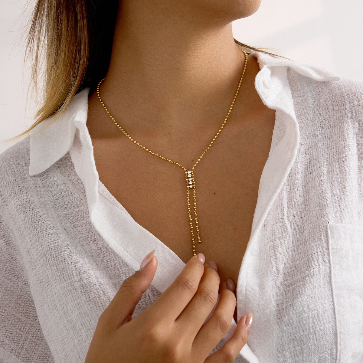 14K Gold Y-Shaped Crystal Bead Necklace