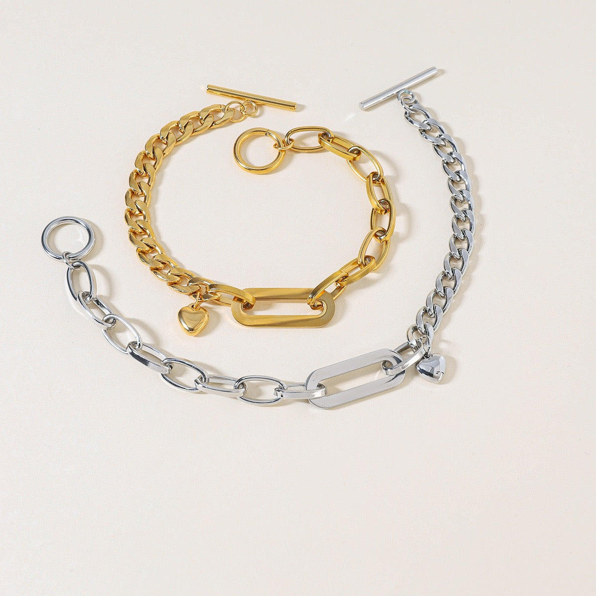 14K Gold Cuban × Oval Link Heart Pendant Bracelet