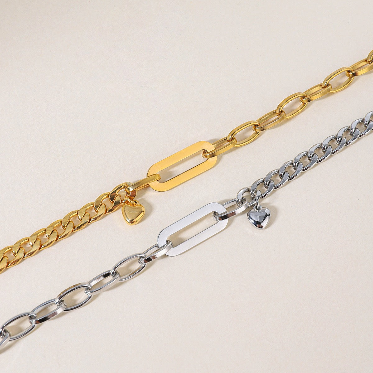 14K Gold Cuban × Oval Link Heart Pendant Bracelet