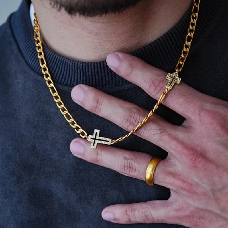 Double Cross Figaro Chain in 14K Yellow Gold — 3.5mm.