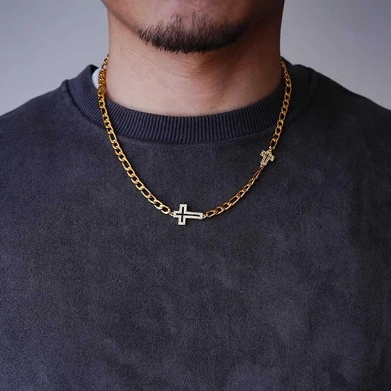 Double Cross Figaro Chain in 14K Yellow Gold — 3.5mm.