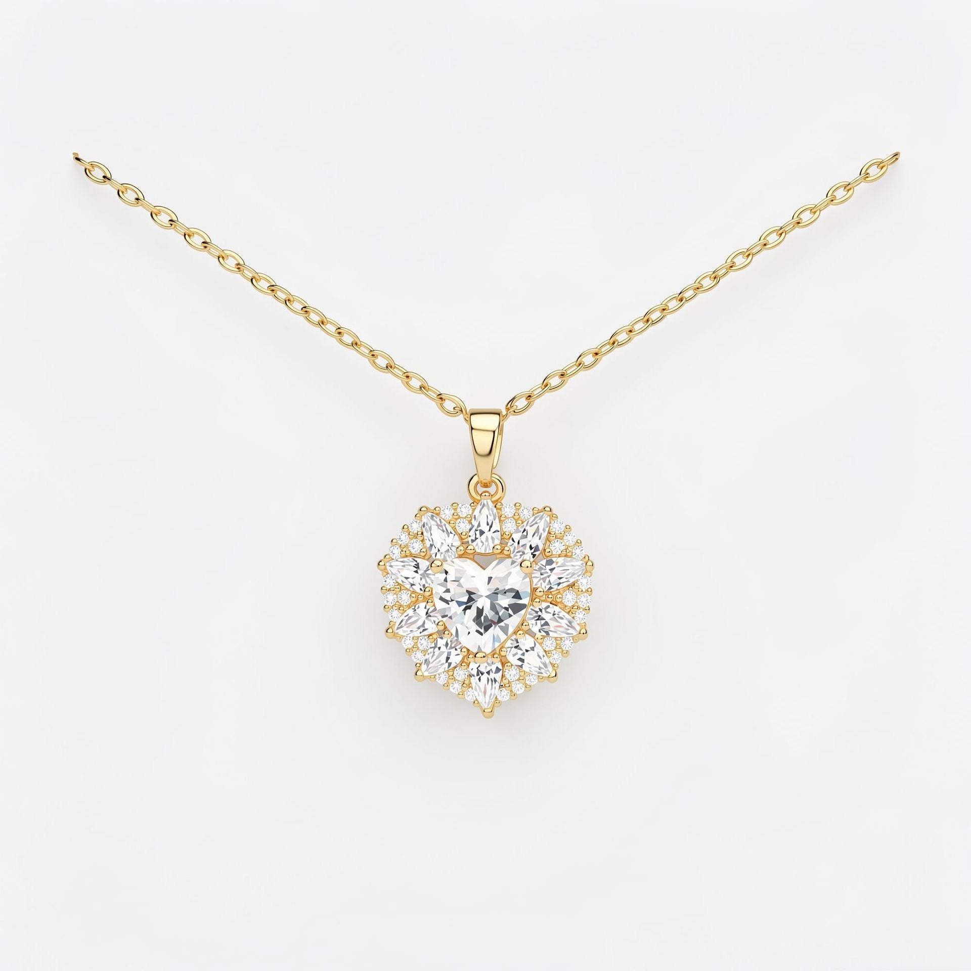 14K Gold Heart Halo Pendant Necklace-Gift for Her