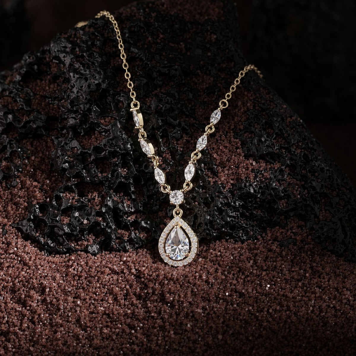 14K Gold Teardrop Halo Pendant Necklace