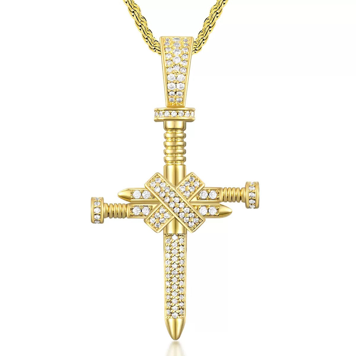 14K Gold Iced Nail Cross Pendant