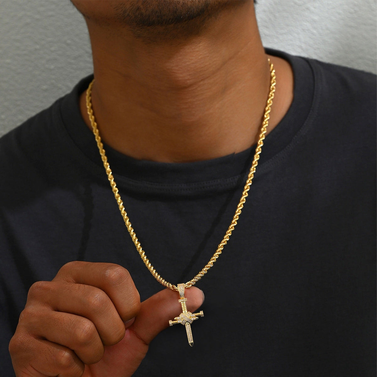 14K Gold Iced Nail Cross Pendant