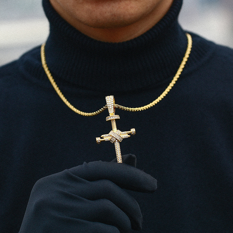 14K Gold Iced Nail Cross Pendant