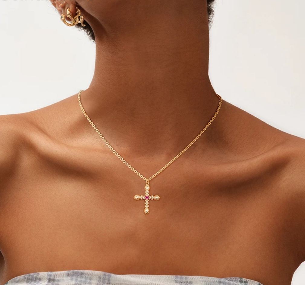 14K gold Serpent-Embossed Cross