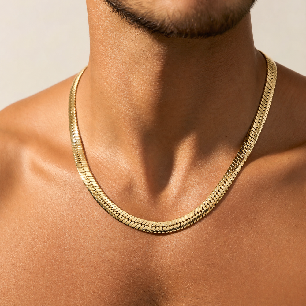 14K Gold Bold 10mm Herringbone Snake Chain Necklace